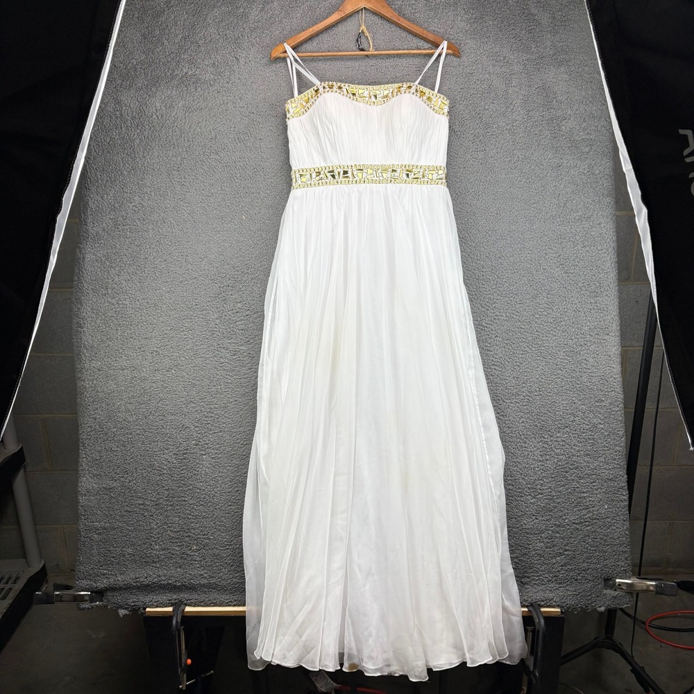La Femme White Beaded Chiffon Empire Waist Gown Dress Womens 10 Gold Embellished
